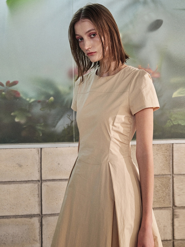 [리퍼브]Side Shirring Pintuck Dress, Yellow Beige