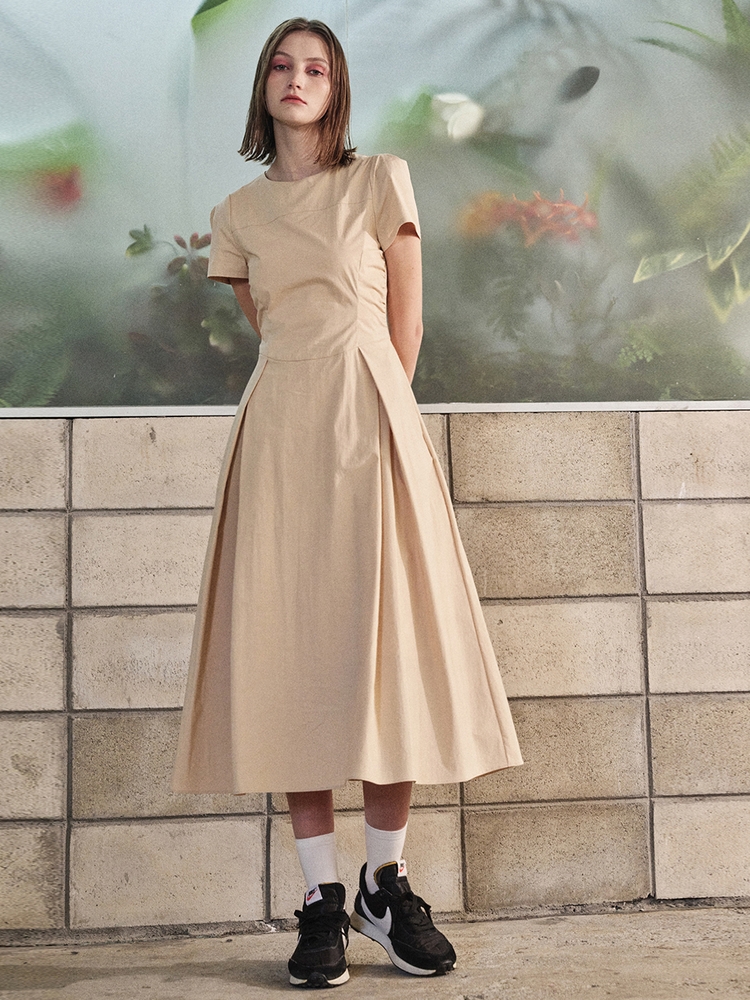 [리퍼브]Side Shirring Pintuck Dress, Yellow Beige