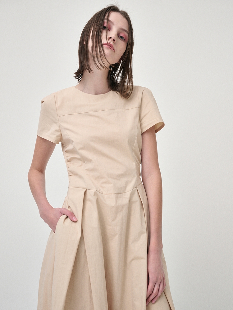 [리퍼브]Side Shirring Pintuck Dress, Yellow Beige