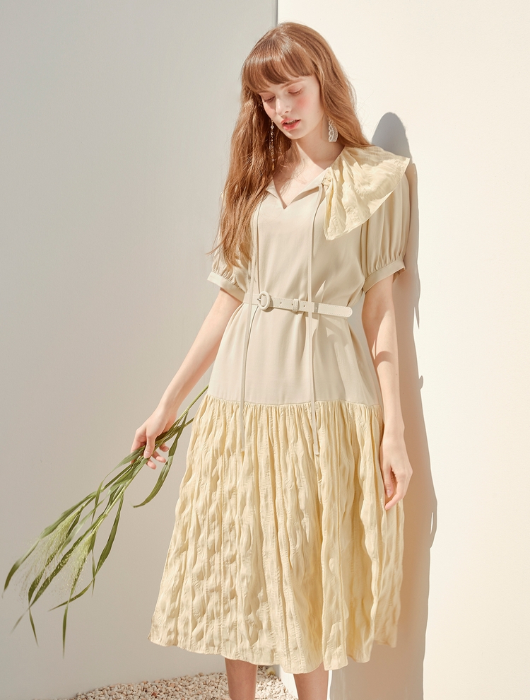 [리퍼브]Texture Blend Belted Dress, Beige