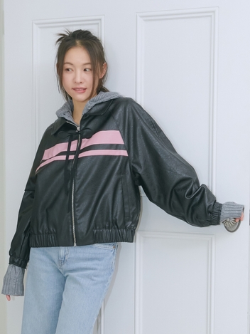 RIBBON LEATHER BOMBER JACKET (BLACK)