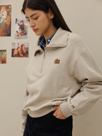 Half zip-up cotton sweat shirt - Beige