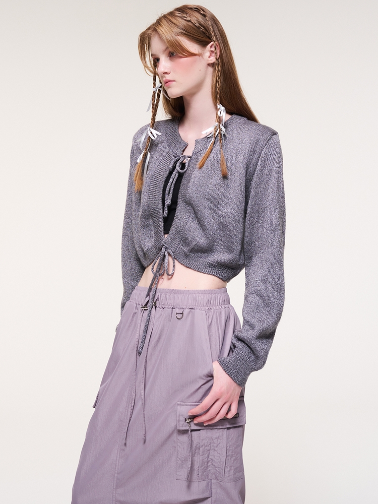 String Detail Knit Cardigan, Dark Lavender