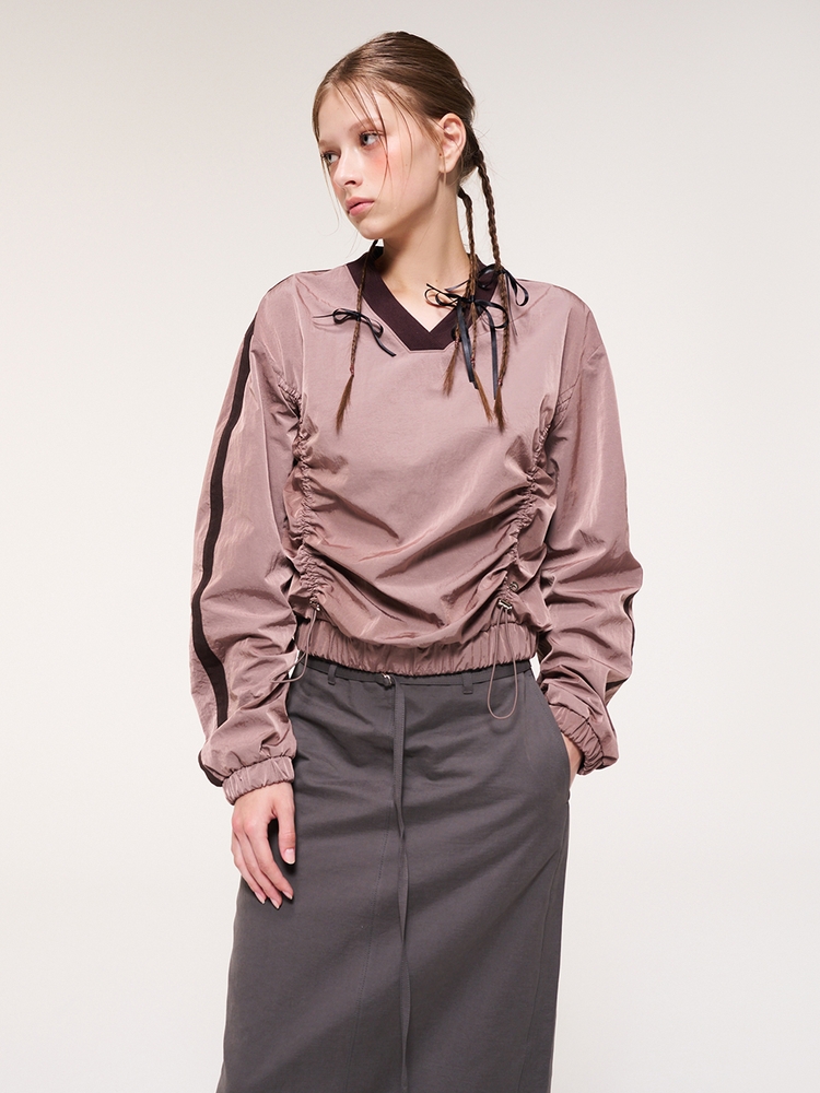 Nylon Shirring V-Neck Top, Brown Pink