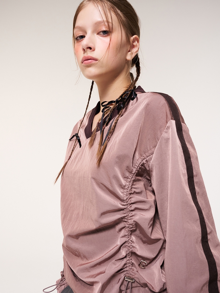 Nylon Shirring V-Neck Top, Brown Pink