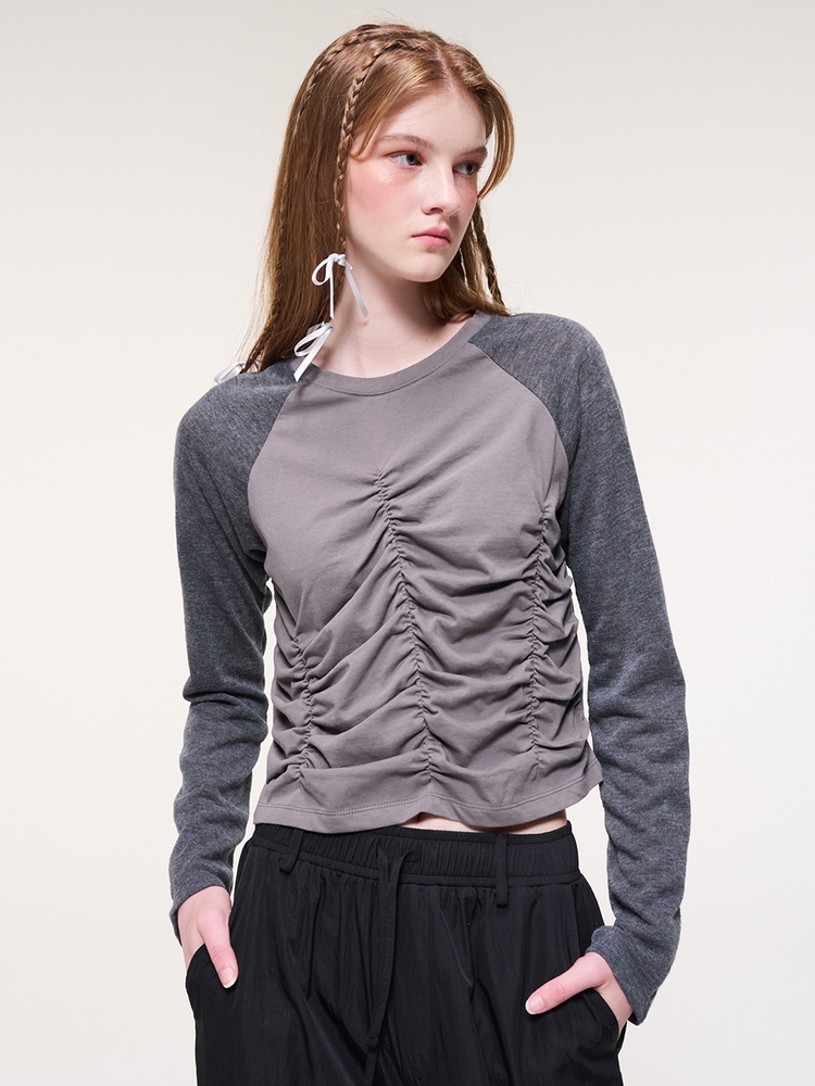 Knit Shirring Long Sleeve T-Shirt, Charcoal