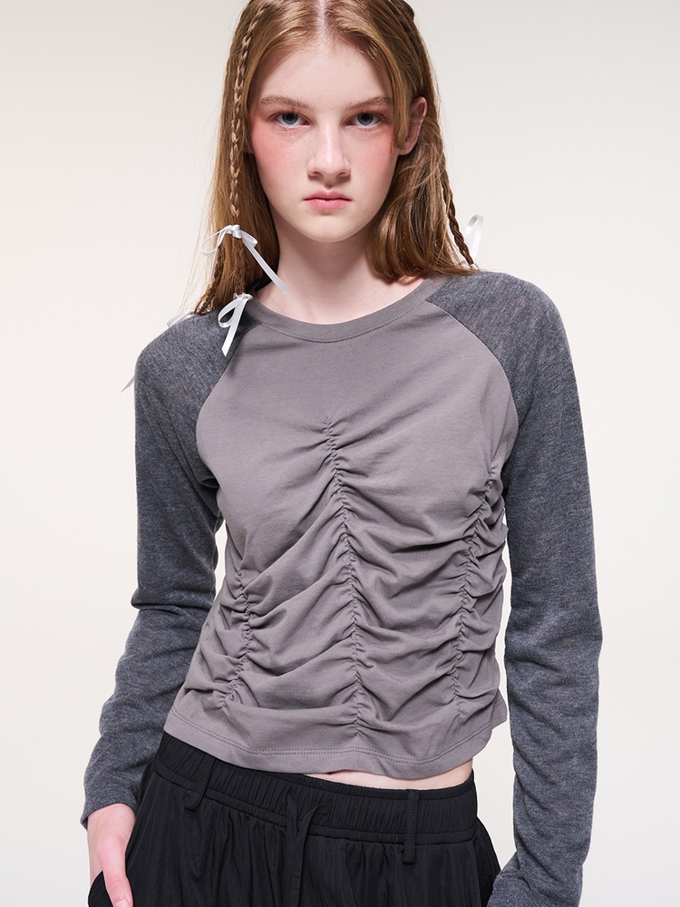 Knit Shirring Long Sleeve T-Shirt, Charcoal