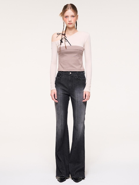 Eyelet Point Boots Cut Denim Pants, Black