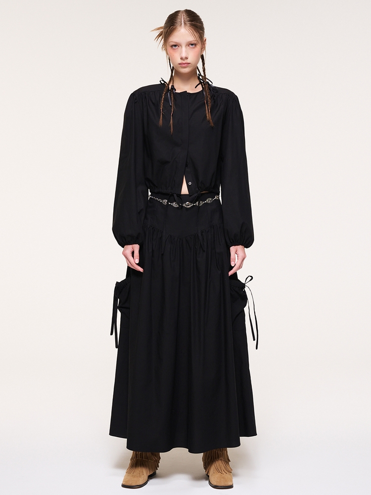 Shirring Pocket Long Skirt, Black