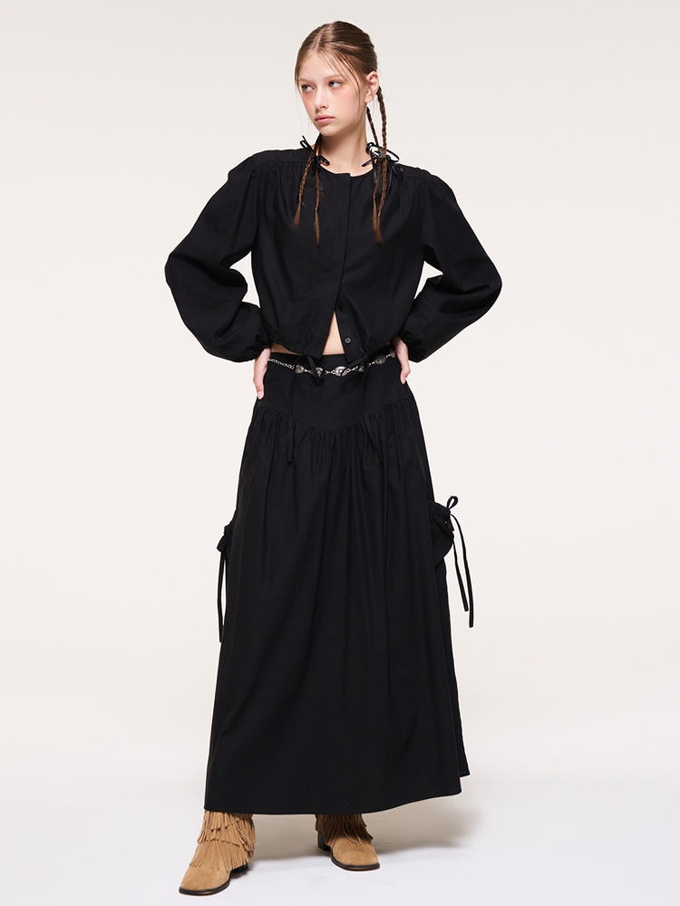 Shirring Pocket Long Skirt, Black