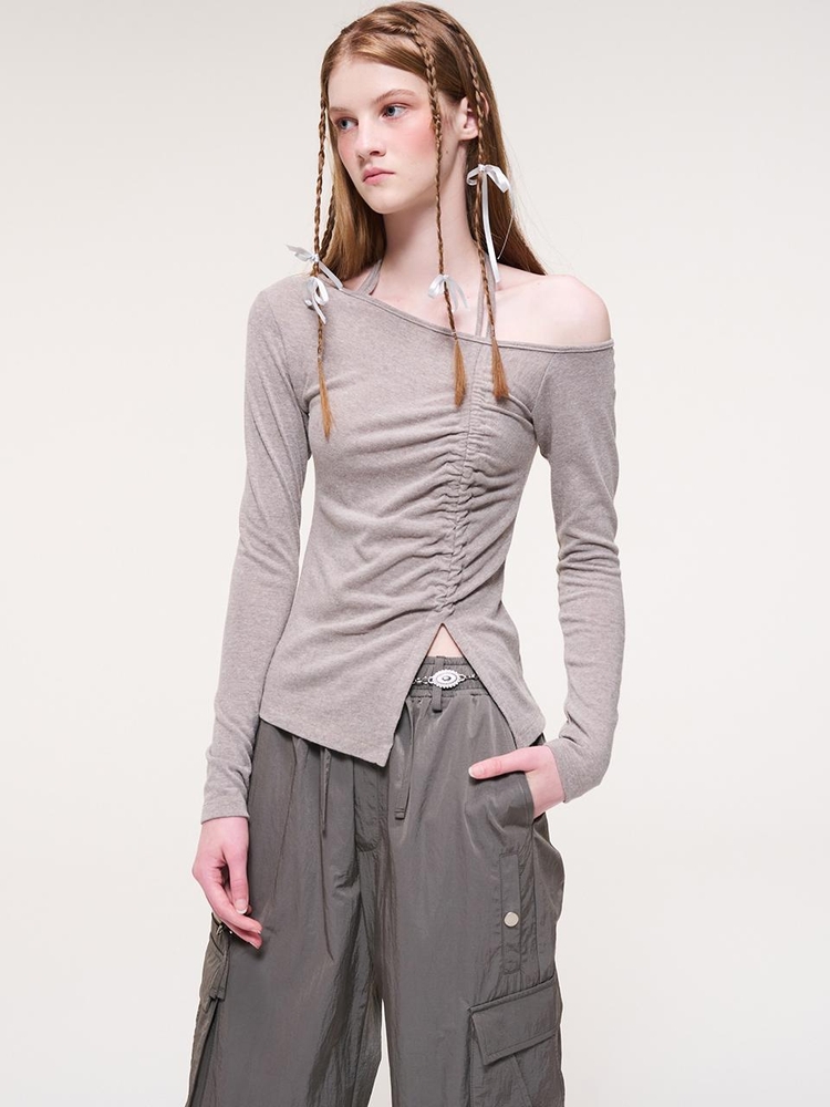 String One Off Shoulder T-Shirt, Ash Brown