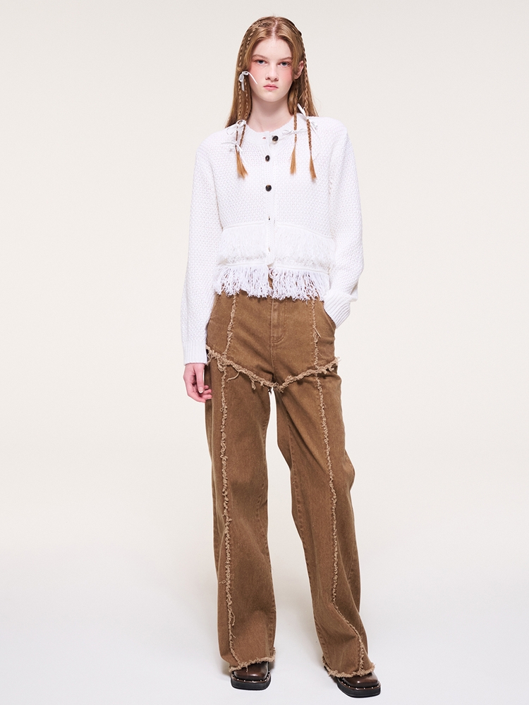 Damage Denim Pants, Light Brown