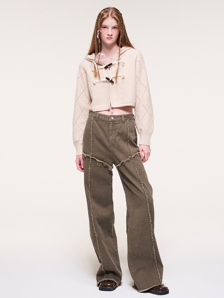 Damage Denim Pants, Khaki Brown