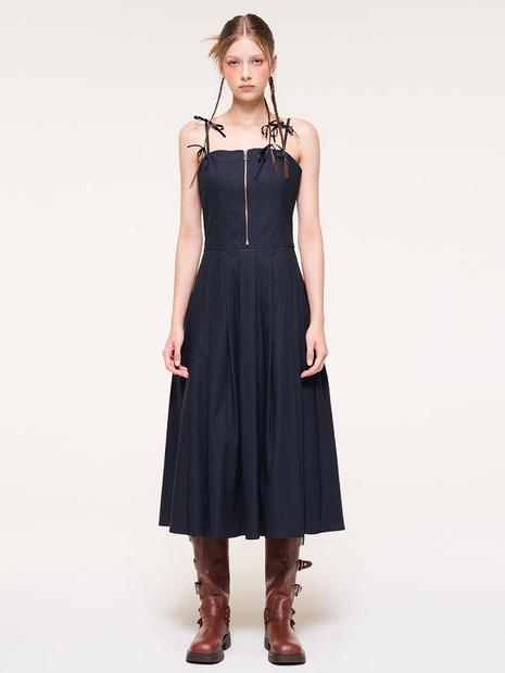 Front Zipper Pleats Slip Dress, Navy