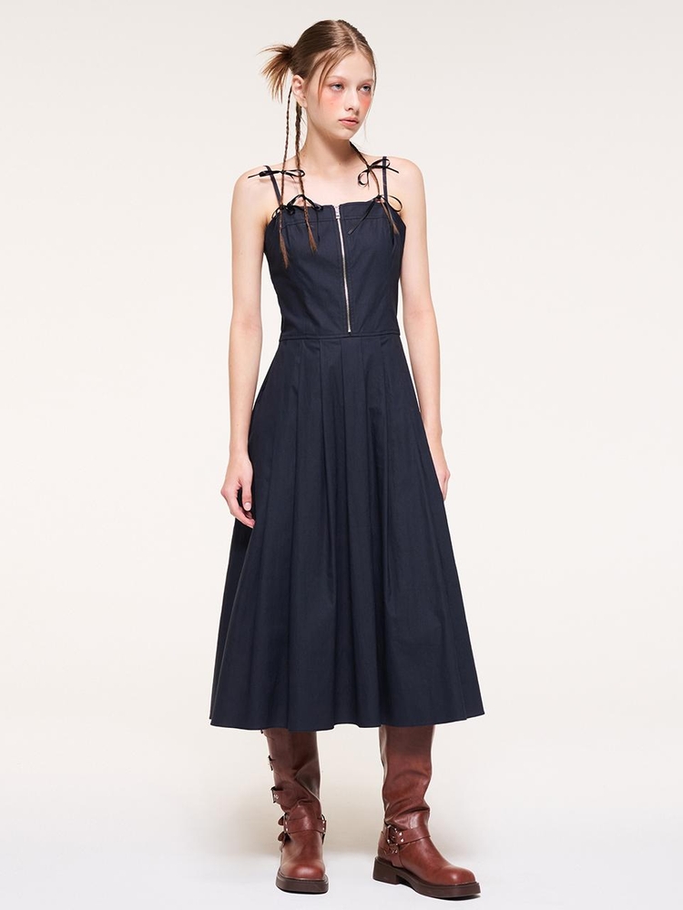 Front Zipper Pleats Slip Dress, Navy