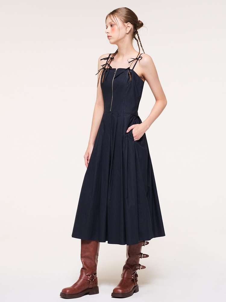 Front Zipper Pleats Slip Dress, Navy