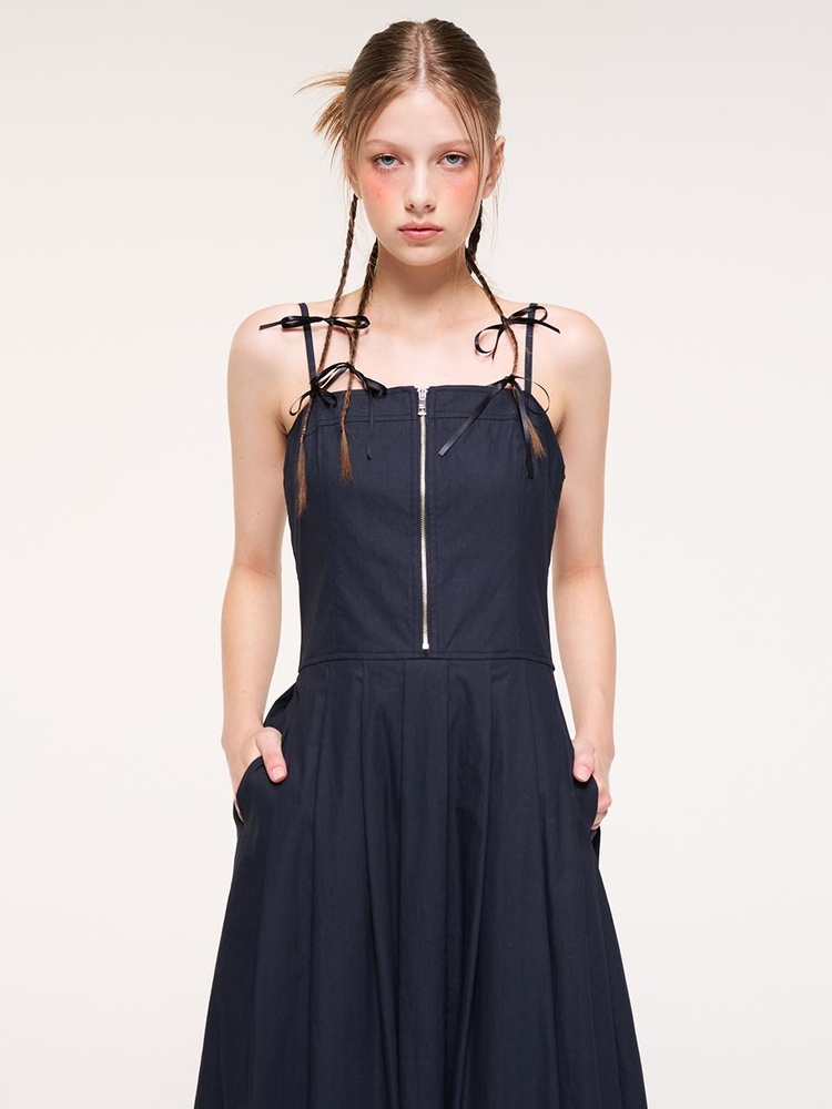 Front Zipper Pleats Slip Dress, Navy