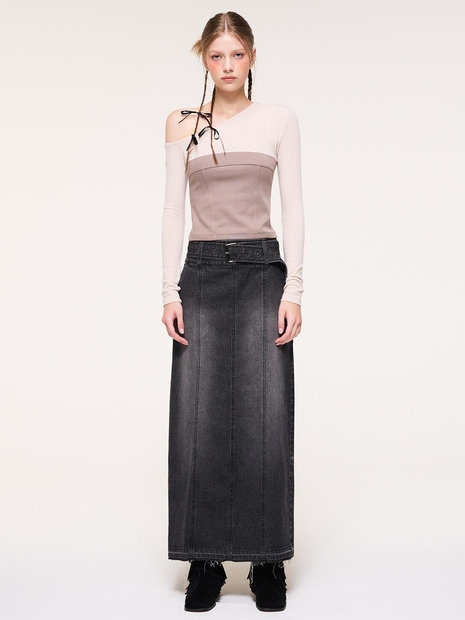 Wide Belt Long Denim Skirt, Black