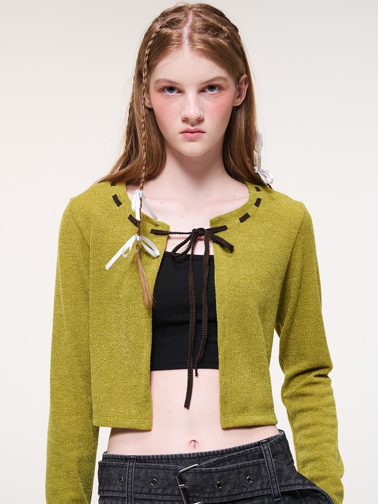 Stitch Ribbon Cardigan, Olive Green