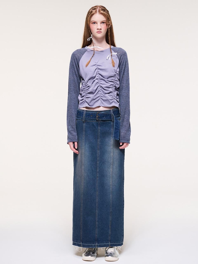 Wide Belt Long Denim Skirt, Blue