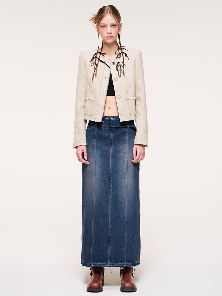 Wide Belt Long Denim Skirt, Blue