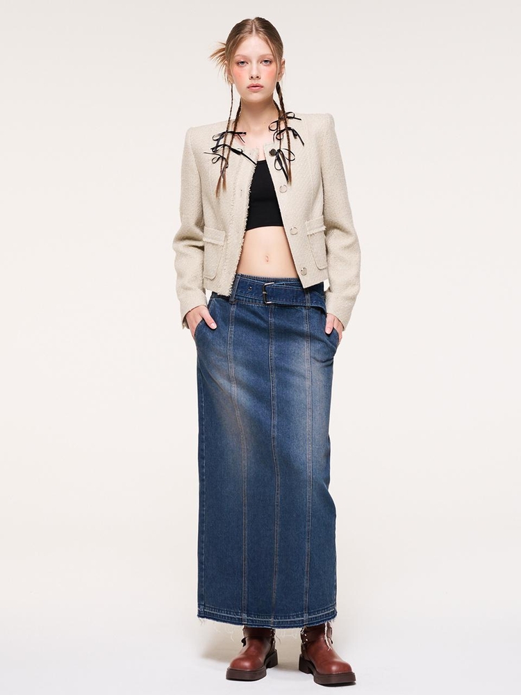 Wide Belt Long Denim Skirt, Blue