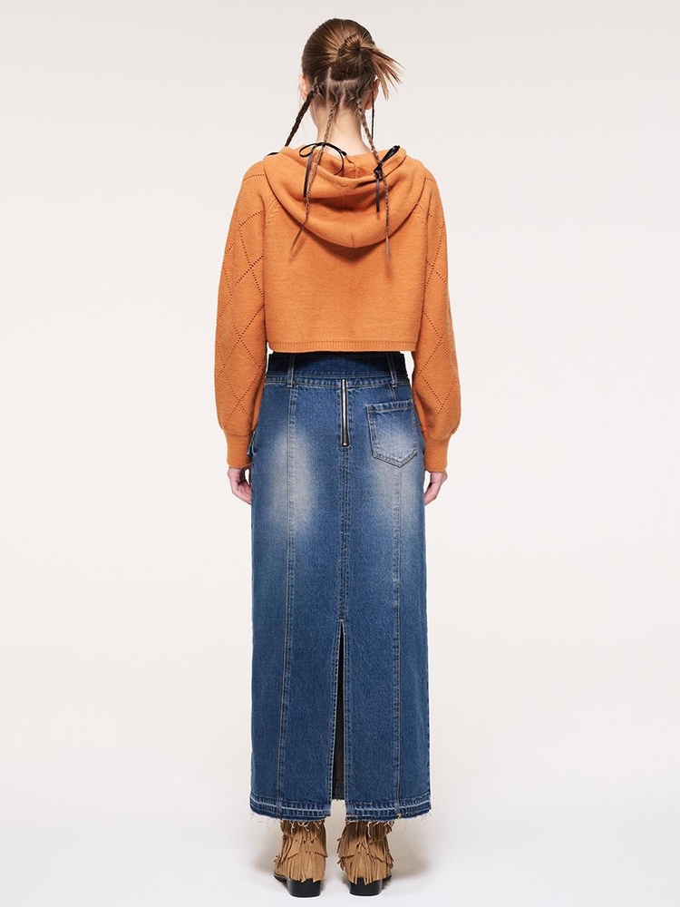 Wide Belt Long Denim Skirt, Blue