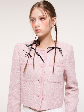 Round Trimmed Tweed Jacket, Pink