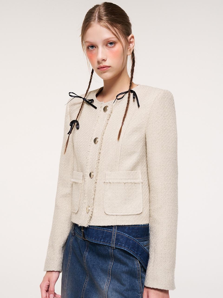 Fringe Line Tweed Jacket, Beige