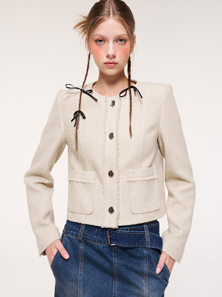 Fringe Line Tweed Jacket, Beige