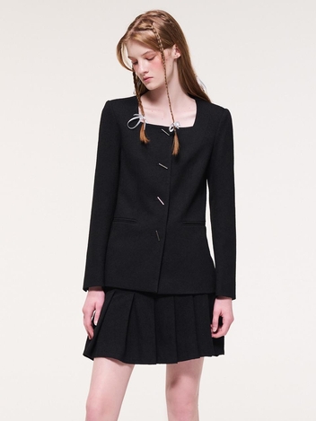 Square Neck Long Tweed Jacket, Black