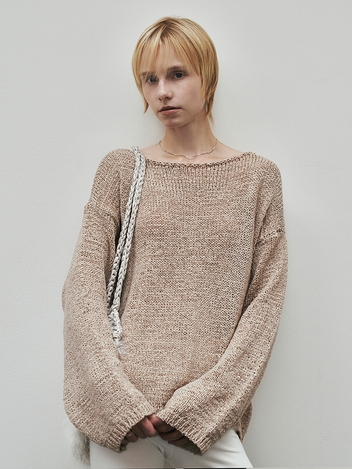 Tape Boat Neck Over Fit Pullover (Beige)