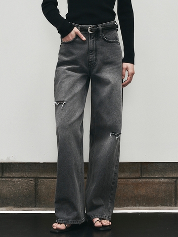 Cat Washing Line Damage Wide Denim Pants