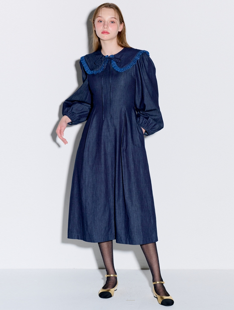 Sailor collar flare long denim dress dark indigo