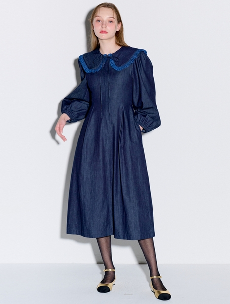 Sailor collar flare long denim dress dark indigo