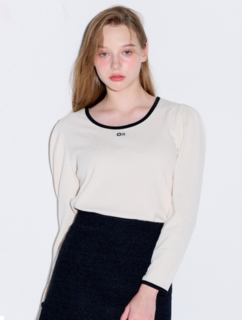Ribbon detail ribbed puff top_Ivory