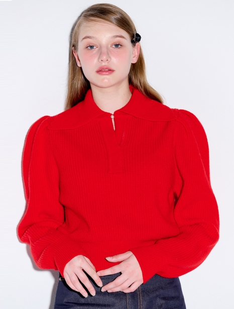 Collar neck puff knit_Red