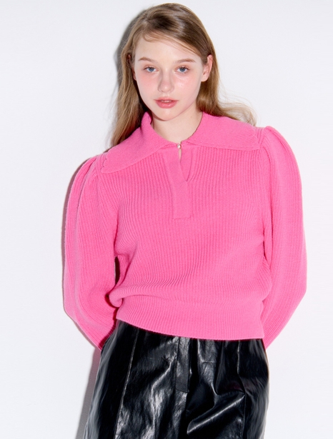 Collar neck puff knit_Pink