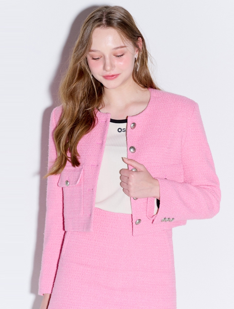 [Set-up]Boucle tweed Wool jacket & Mini skirt_Pink 