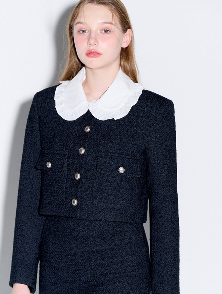 Boucle tweed cropped Wool jacket_Black 