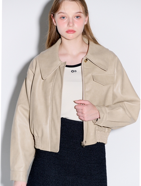 Big collar eco leather blouson jacket_Beige