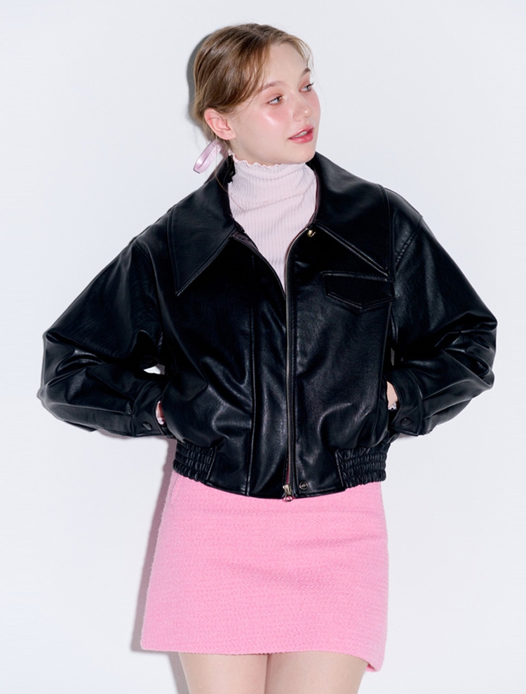 Big collar eco leather blouson jacket_Black