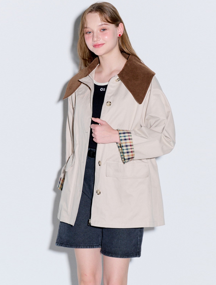 Corduroy collar half trench mac coat_Beige