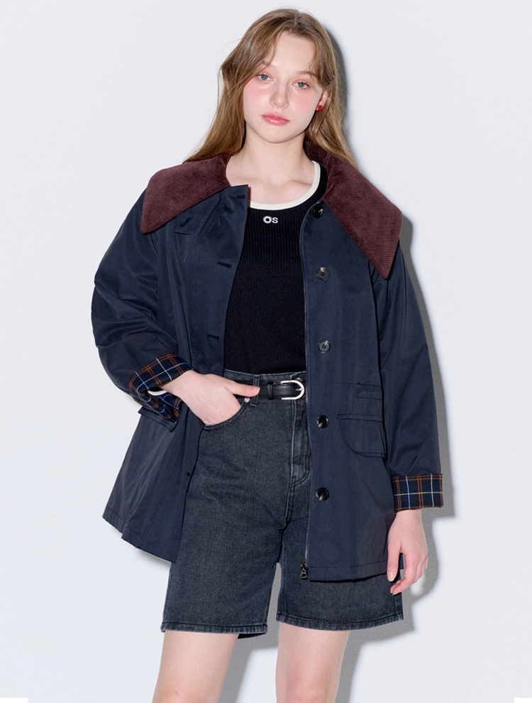 Corduroy collar half trench mac coat_Navy