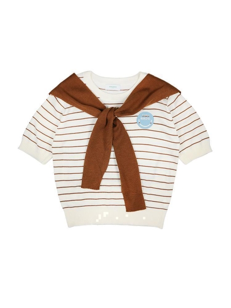 CAPE STRIPE KNIT 케이프 세트 스트라이프 반팔니트_BROWN