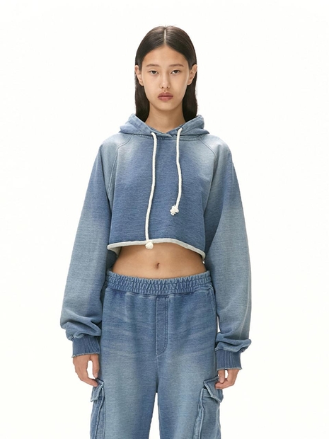 DENEIM CROP HODDED SWEATSHIRT / BLUE
