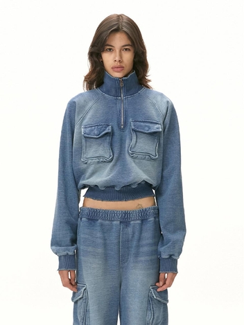 DENIM HALF ZIP-UP SWEATSHIRT / BLUE