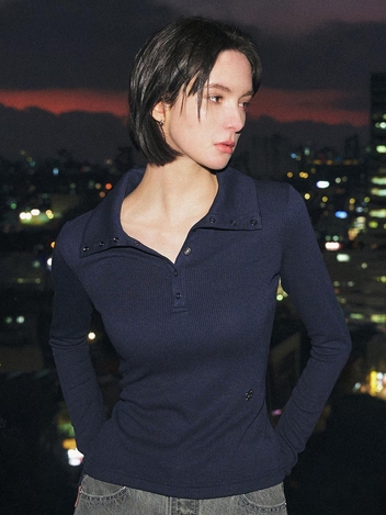 스냅 카라 긴팔 티셔츠_NAVY