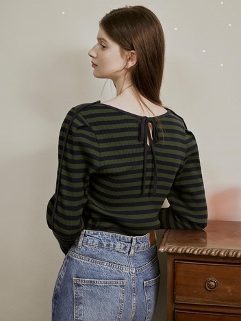 [HUNCH] Stripe pintuck sleeve jersey top (2color)