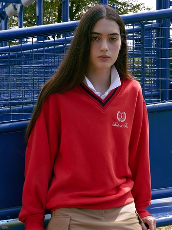 (WOMEN) V Neck Sweatshirt_Red